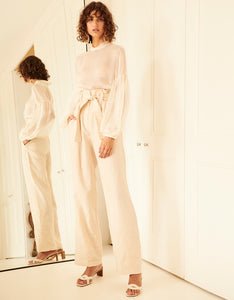 Silk High Neck Top in White and Linen Belted Pant in Beech by Apartment Clothing