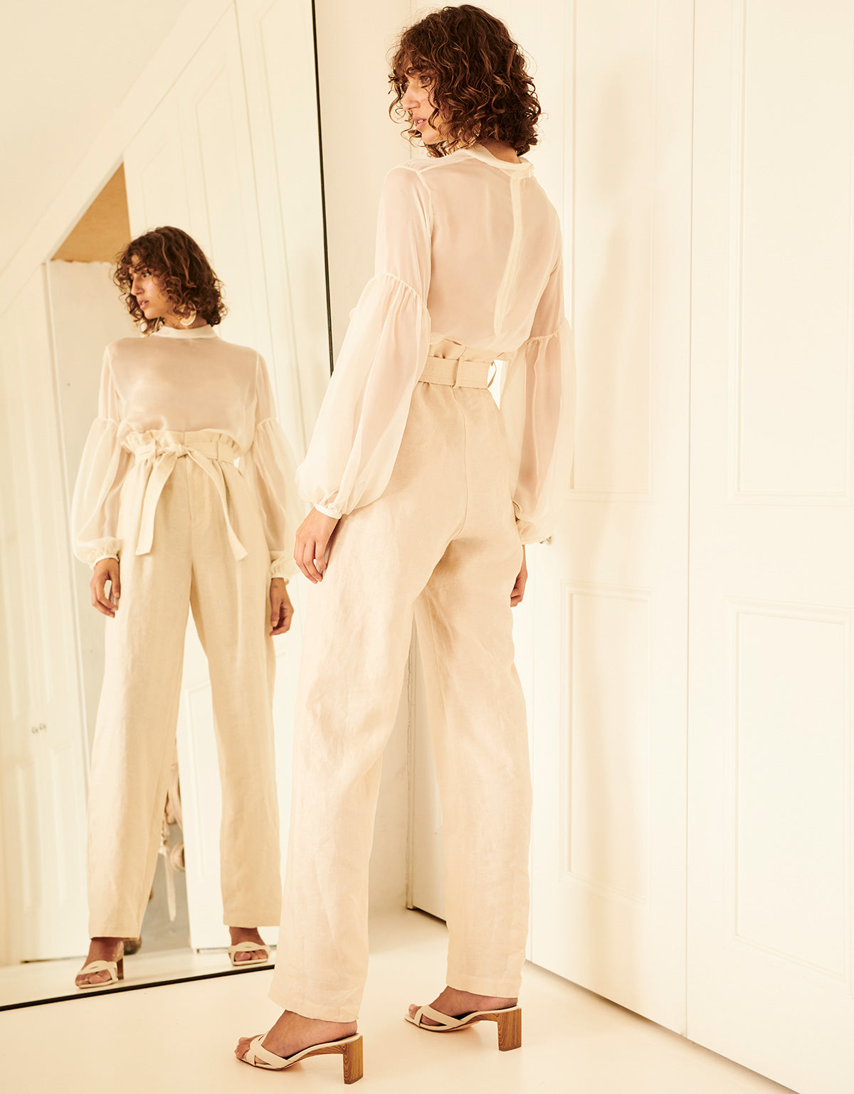 Silk High Neck Top in White and Linen Belted Pant in Beech by Apartment Clothing