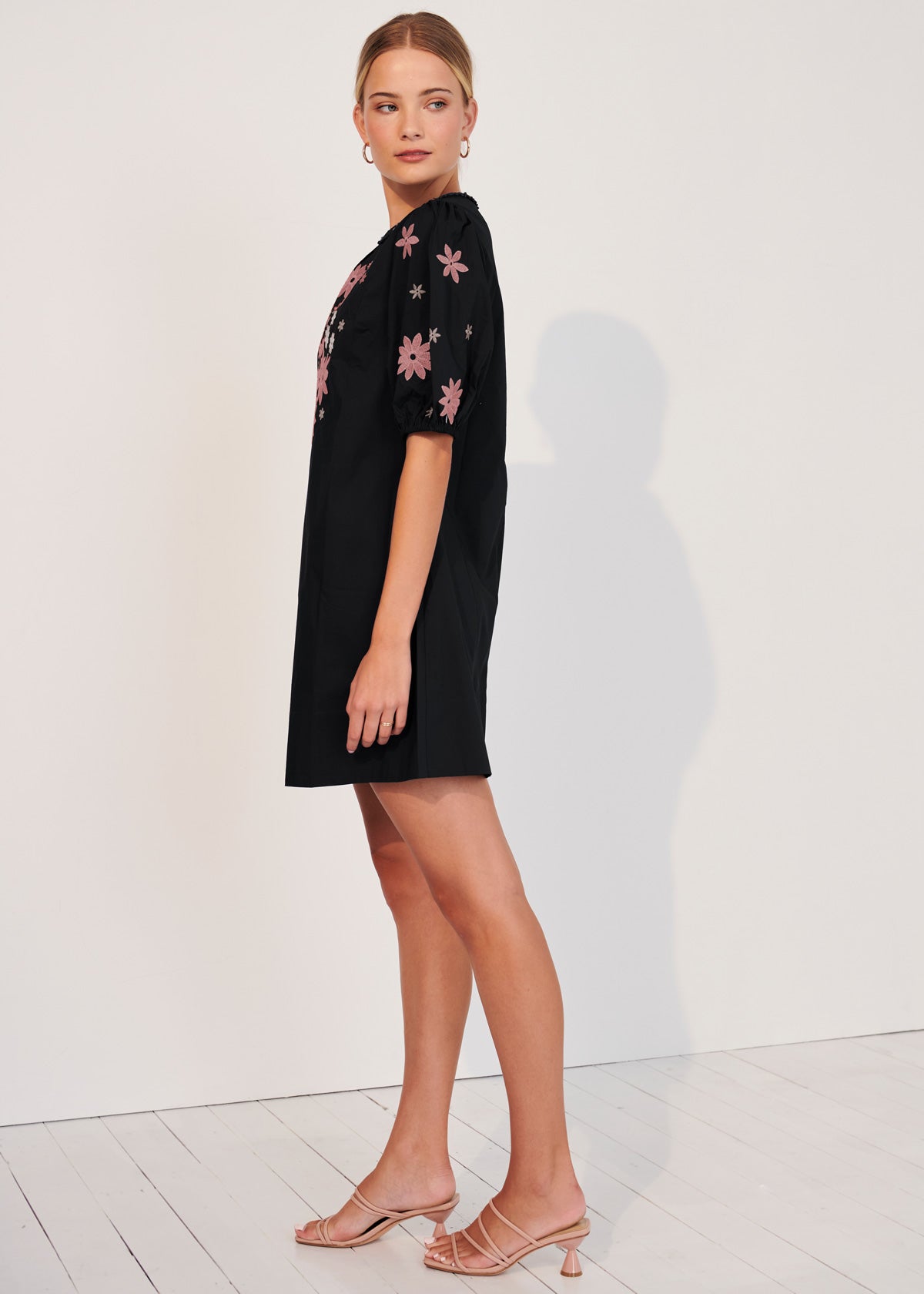 Edina Embroidered Mini Dress - Black/Pink