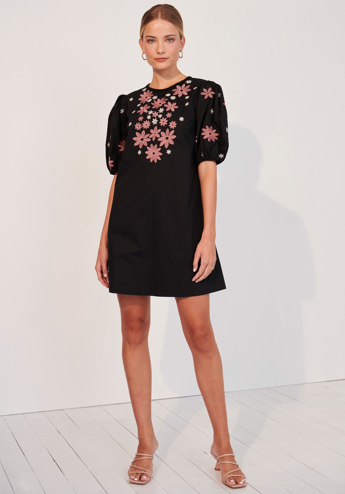 Edina Embroidered Mini Dress - Black/Pink