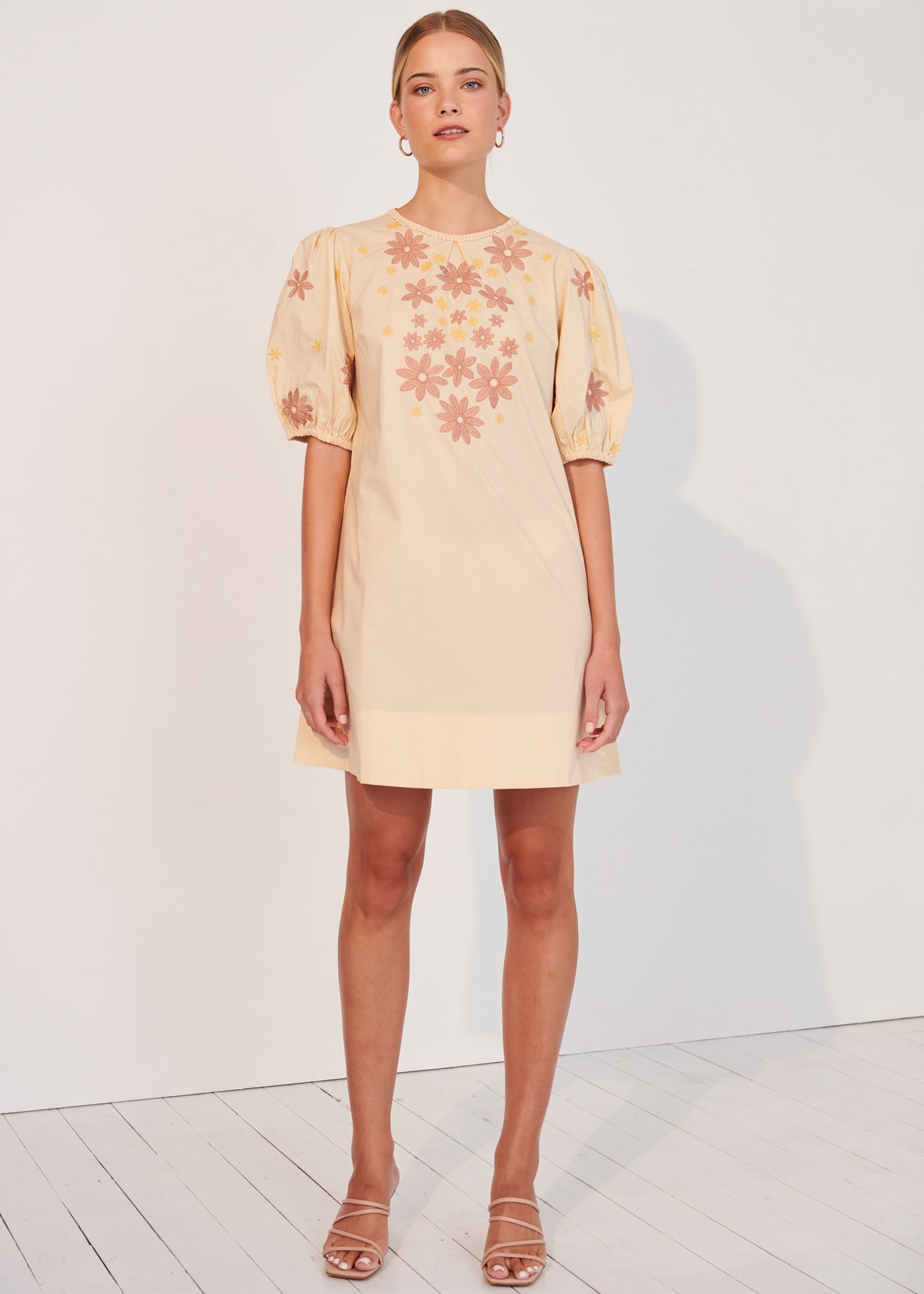 Edina Embroidered Mini Dress - Butter/Blush