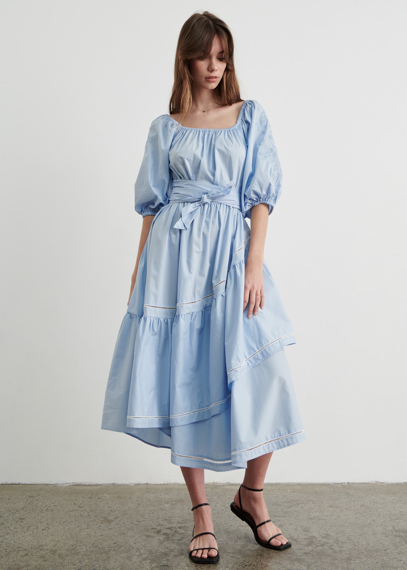 Posey Embroidered Sleeve Dress - Light Blue