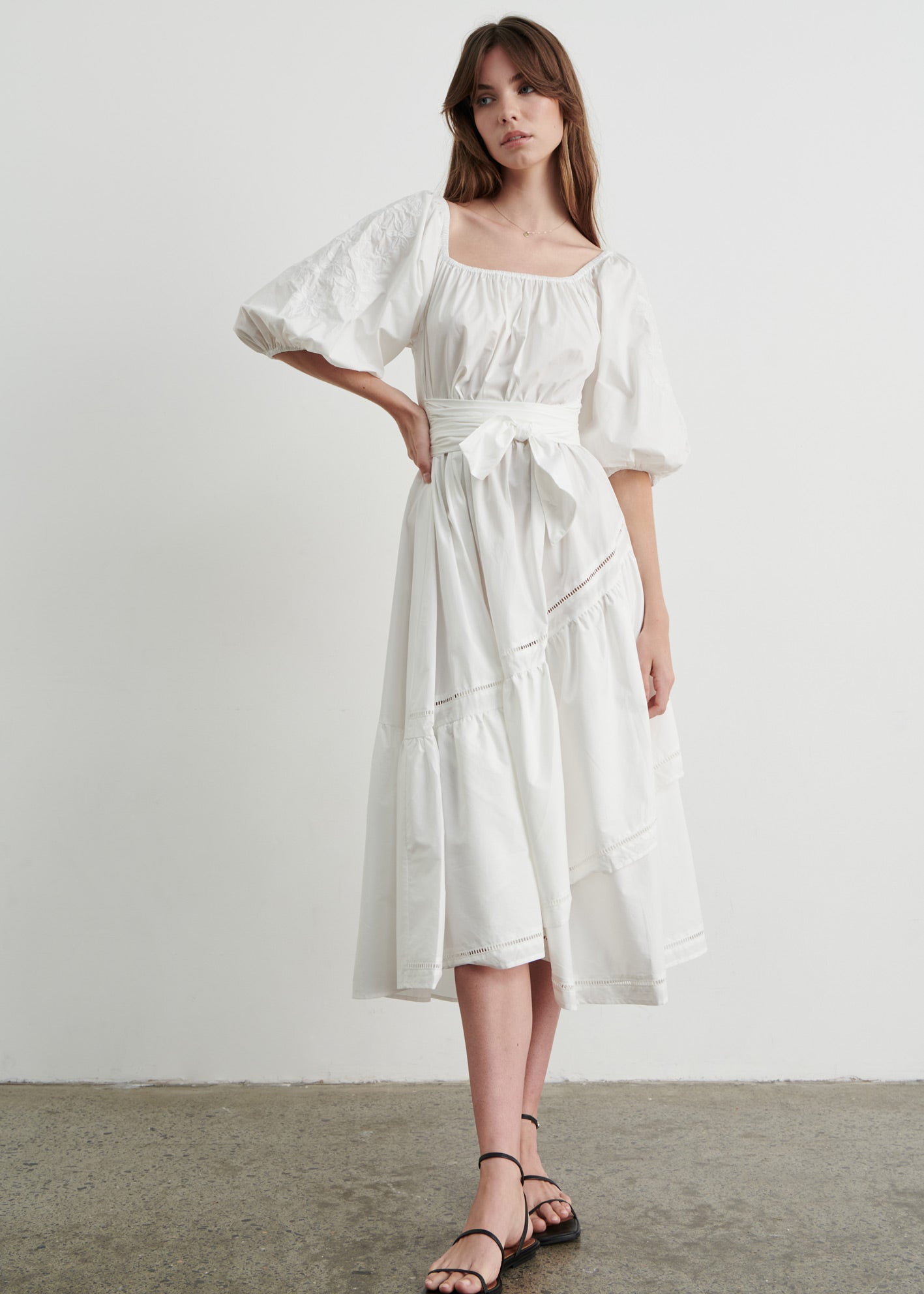Posey Embroidered Sleeve Dress - White